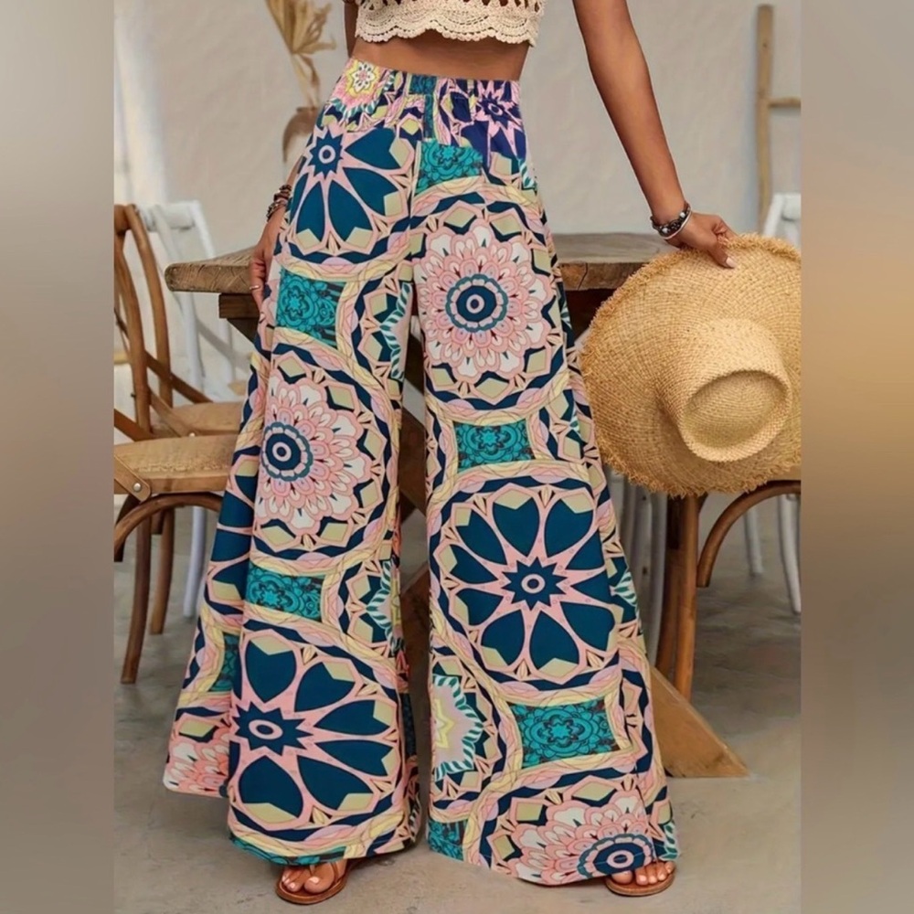 Boho Chic Y2K Abstract Mandala Wide Leg Palazzo Pants Size M Retro Elastic Waist